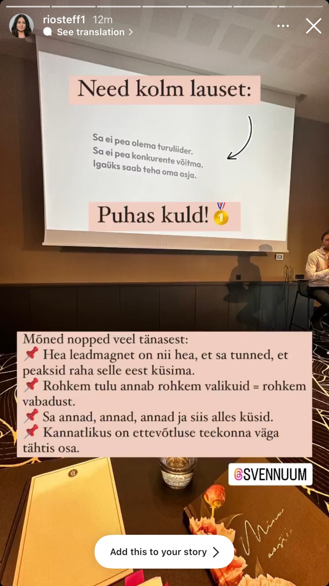 Osaleja Instagrami stoori Mikroäri Meetodi koolituspäevast